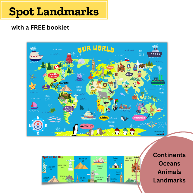 Spot Landmarks, Animals, Continents and Oceans on the fun world map for kids - My fun world map for ages - 2 to 99